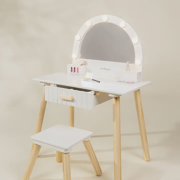 Wooden Play Vanity with Lighted Mirror &amp; Stool